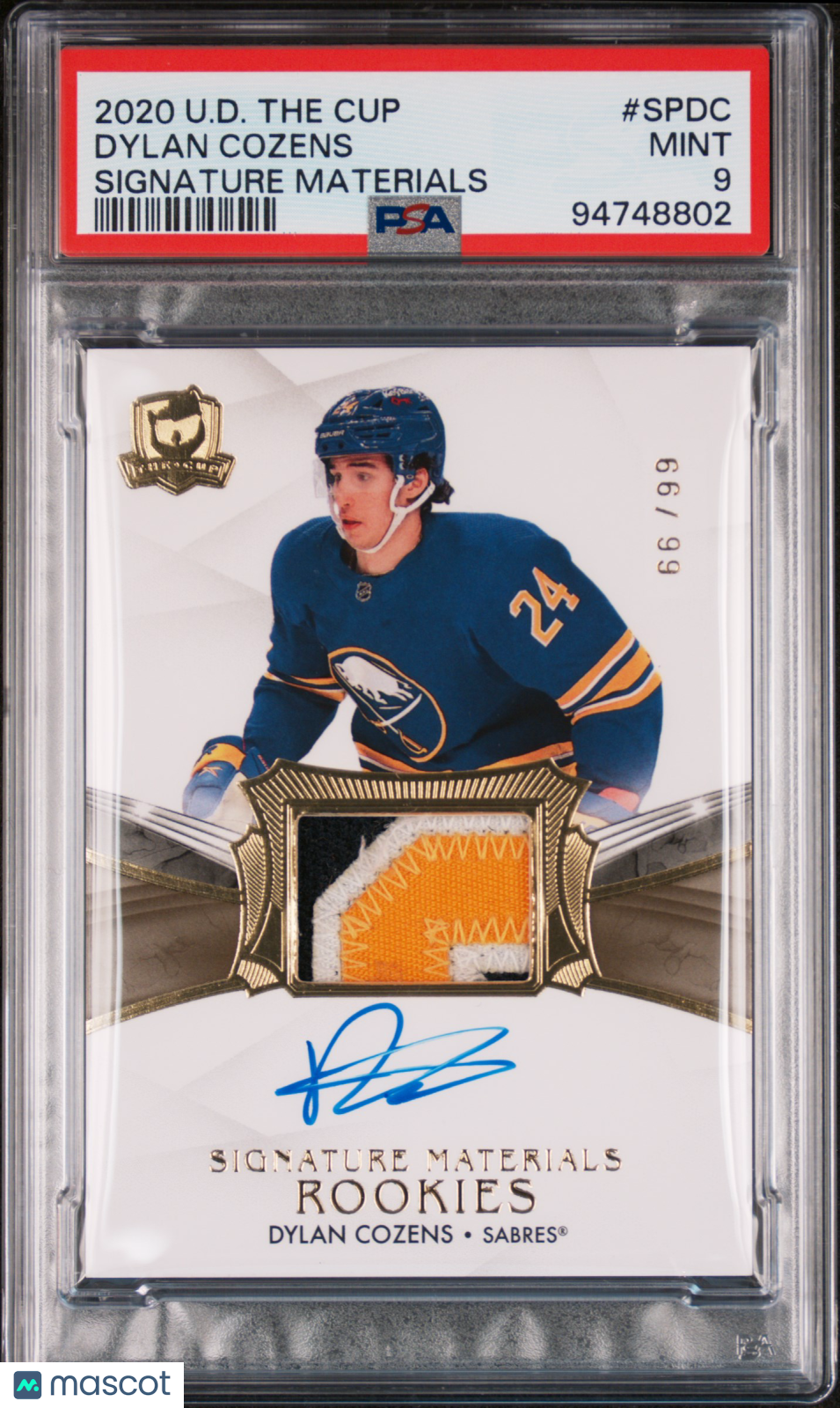 2020-2021 UD The Cup PSA9 Dylan Cozens Rookie Signature Premium Material /99 