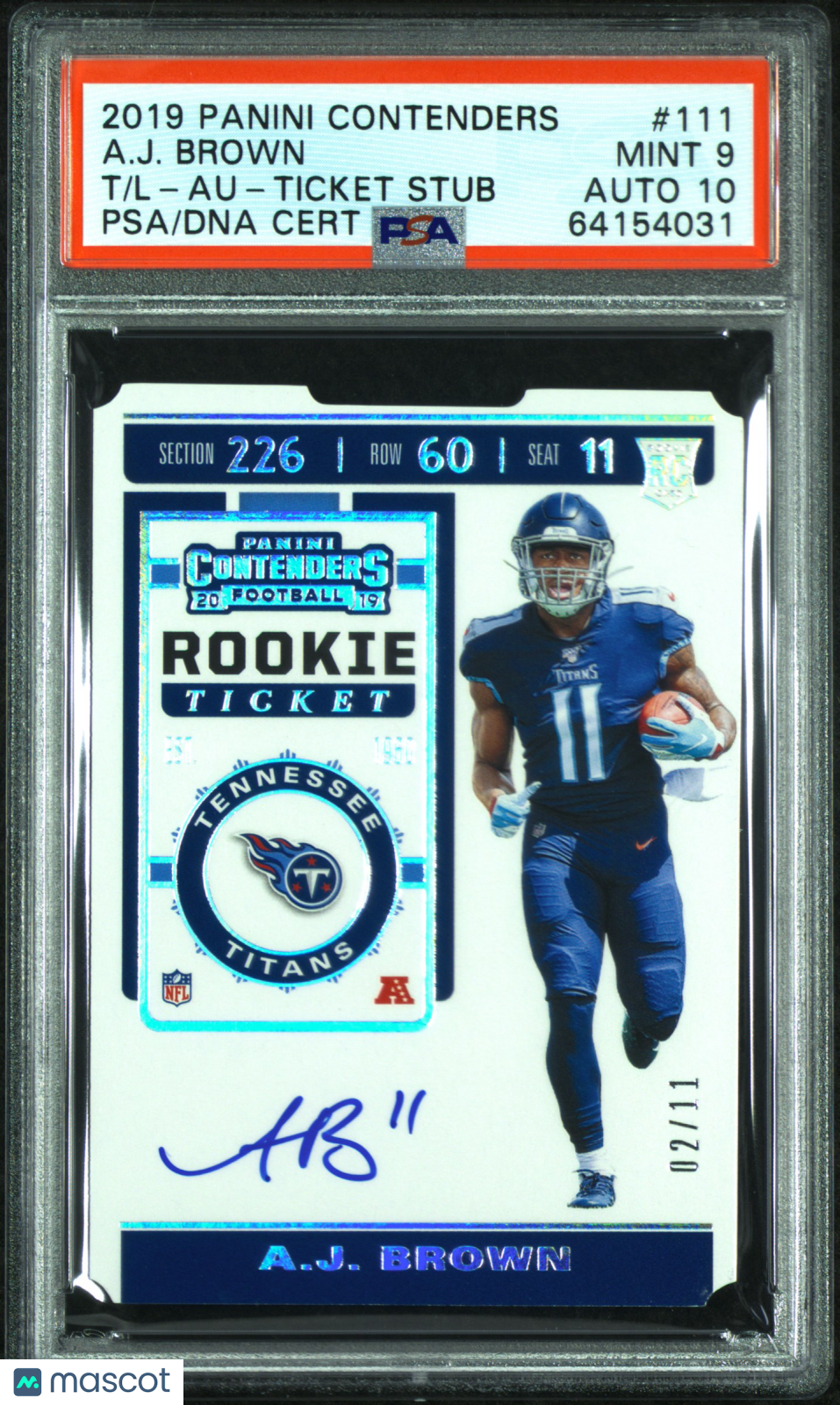 2019 Panini Contenders A. J. Brown Rookie Ticket Stub Auto PSA 9 02/11 