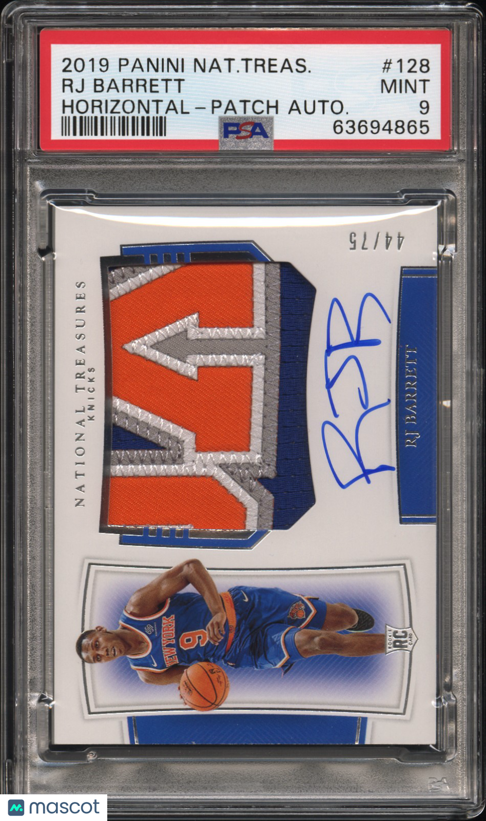 2019 Panini National Treasures PSA 9 RJ Barrett Horizontal Patch Autograph 44/75 