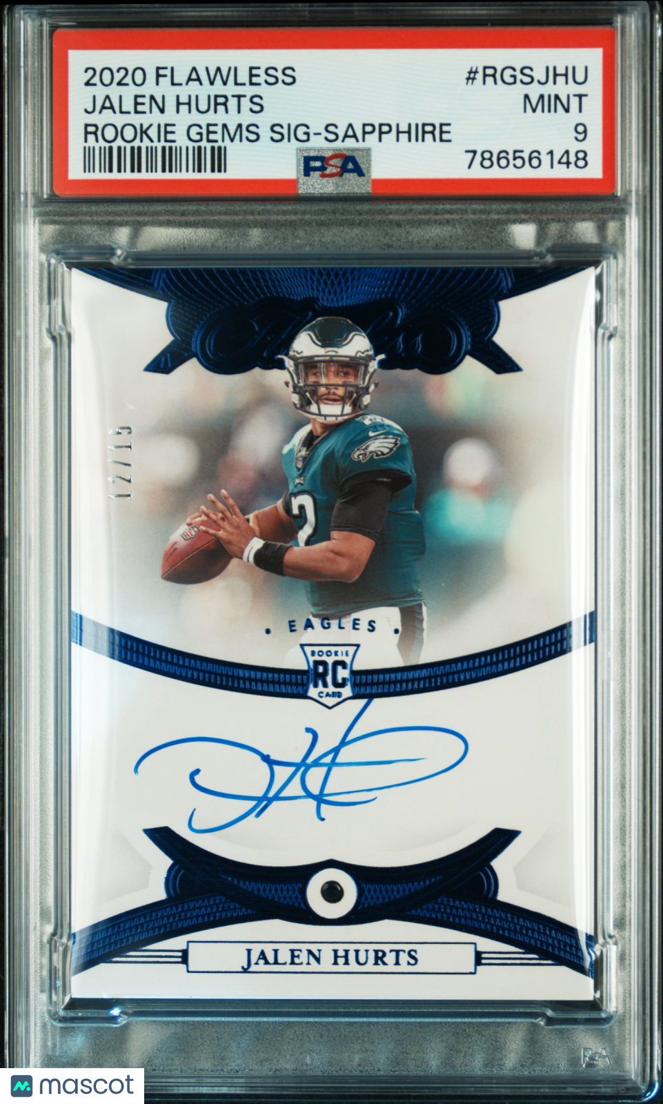 2020 Panini Flawless Rookie Gems Signatures PSA 9 Jalen Hurts Sapphire 12/15 