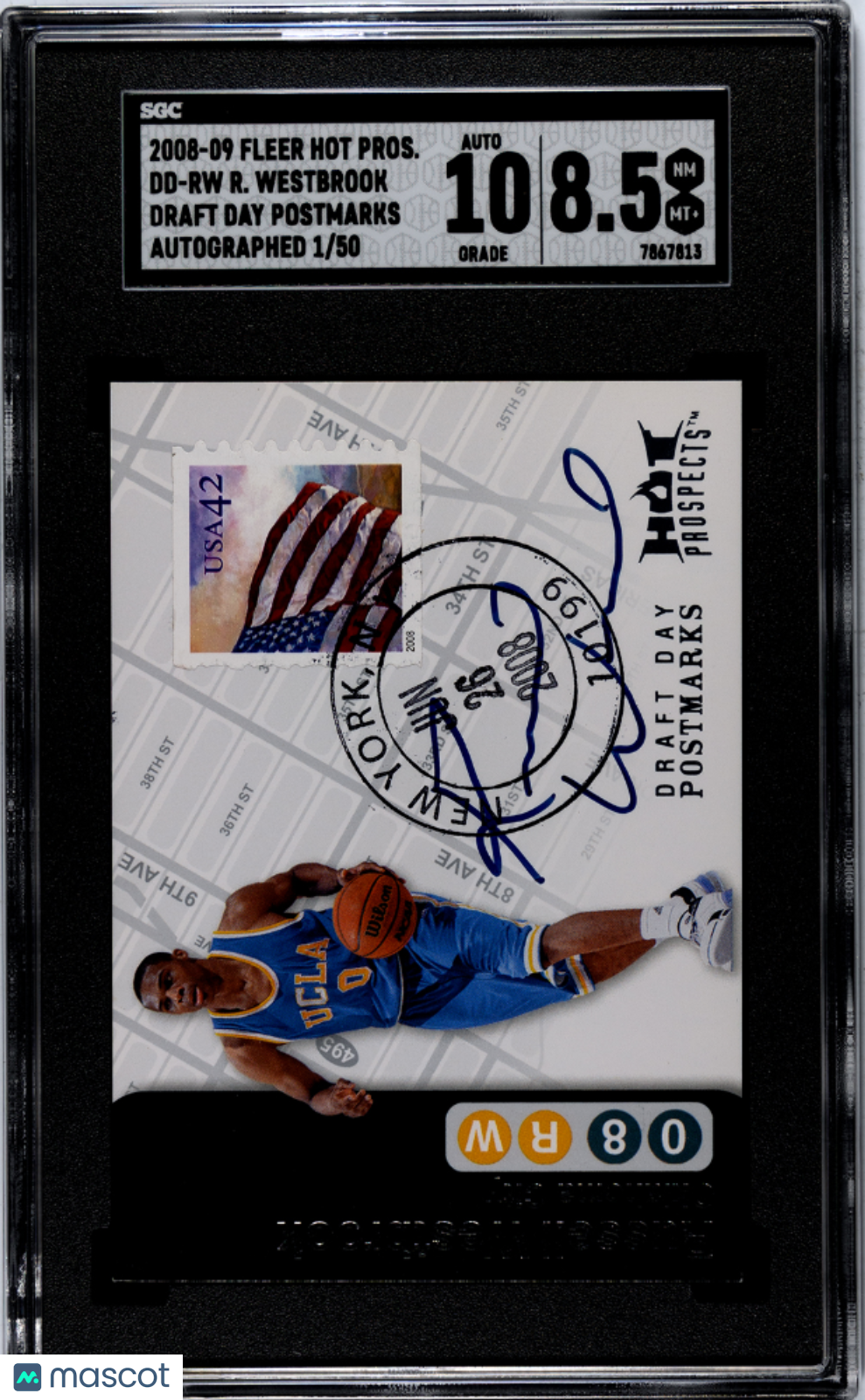 2008-09 Fleer Hot Pros. SGC 8.5 Russell Westbrook Draft Day Postmarks Auto 1/50 