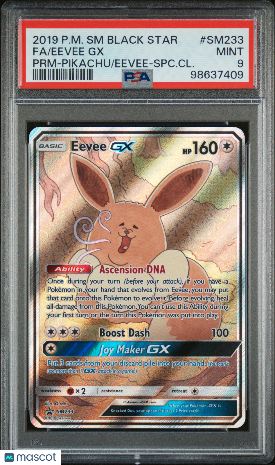 2019 Pokémon SM Black Star FA/Eevee GX PRM-Pikachu/Eevee-SPC.CL. PSA 9 