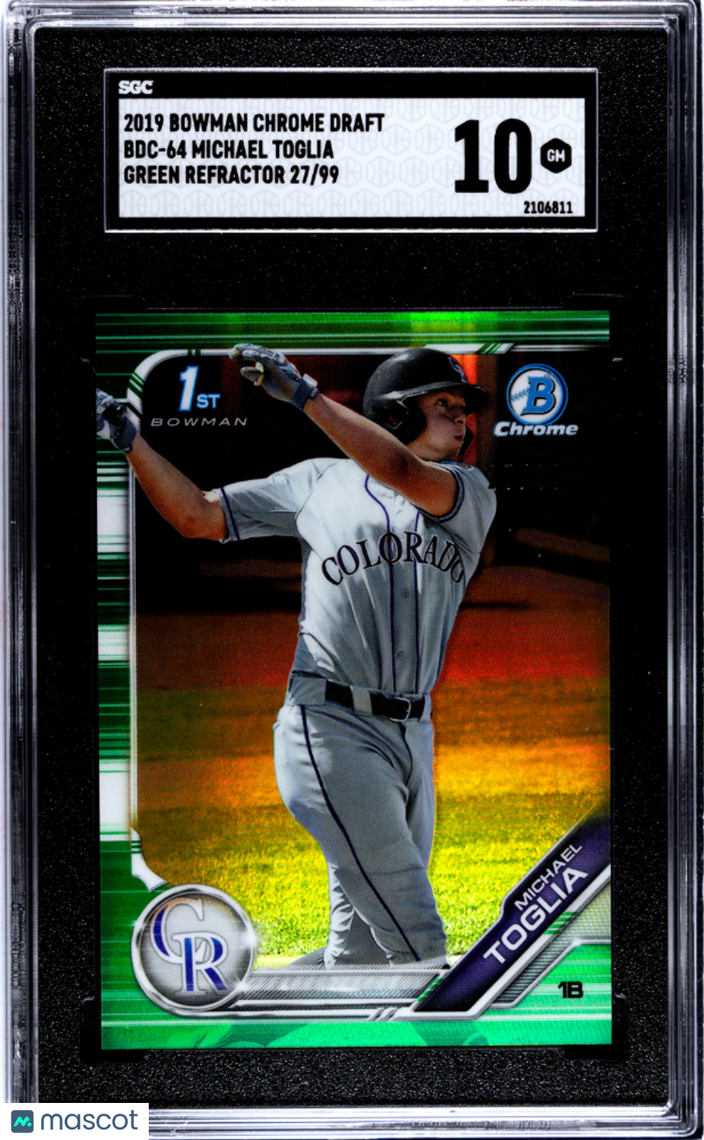 2019 1st Bowman Chrome Draft SGC 10 Michael Toglia Green Refractor 27/99 