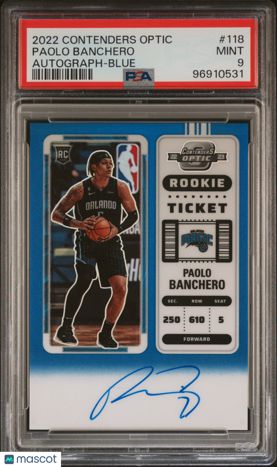 2022 Panini Contenders Optic Rookie Ticket Auto Blue Paolo Banchero PSA 9 39/49 