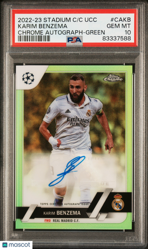 2022-23 Topps Stadium Club Chrome UCC PSA 10 Karim Benzema Green Auto 93/99 