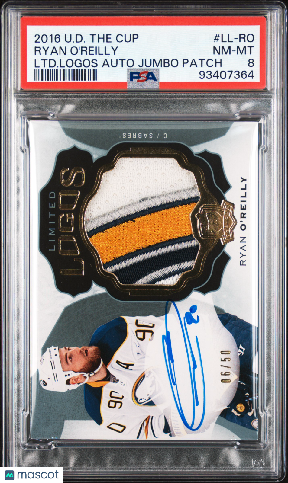 2016 UD The Cup Limited Logos Autograph Jumbo Patch Ryan O'reilly PSA 8 06/50