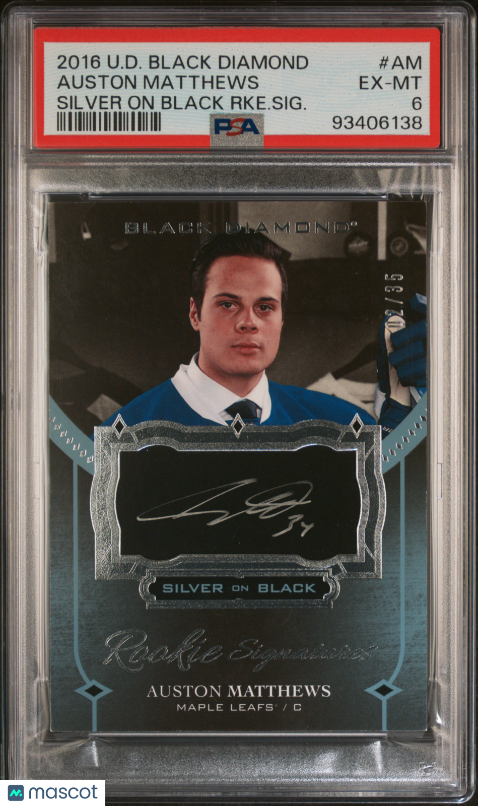 2016 UD Black Diamond PSA 6 Auston Matthews Rookie Silver On Black Auto 02/35