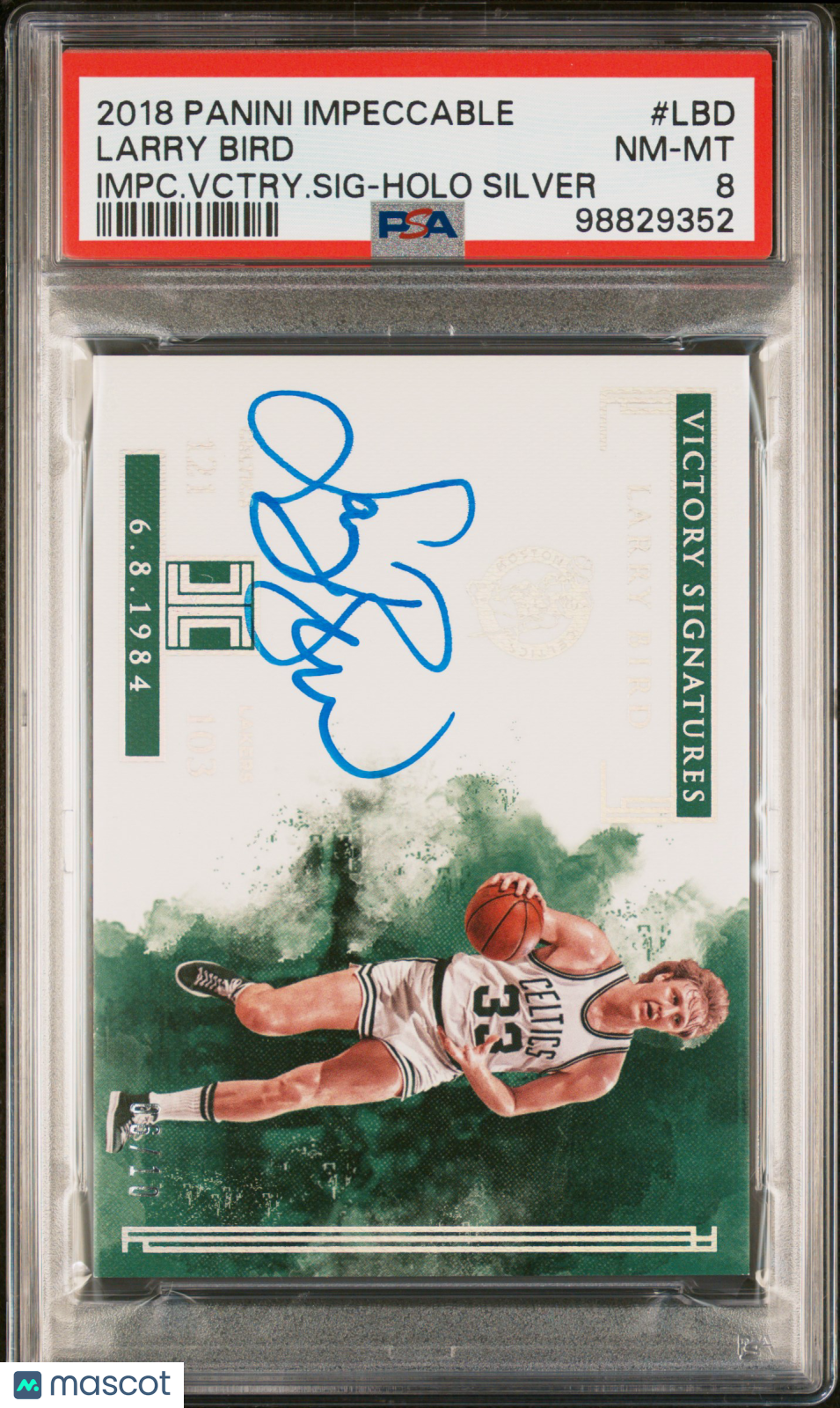 2018 Panini Impeccable Victory Signatures Holo Silver Larry Bird PSA 8 06/10 