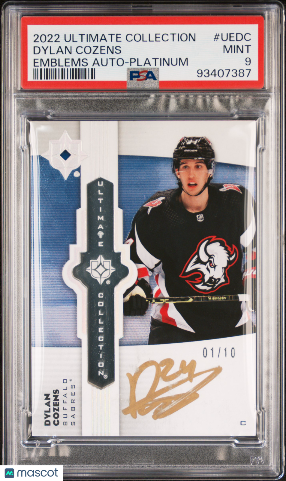 2022 UD Ultimate Collection PSA 9 Dylan Cozens Platinum Emblems Auto 01/10 