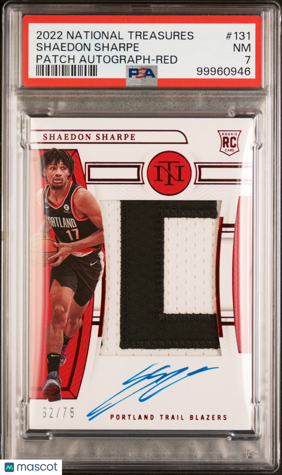 2022 Panini National Treasures Shaedon Sharpe RC Rookie Patch Auto Red PSA 7 /75