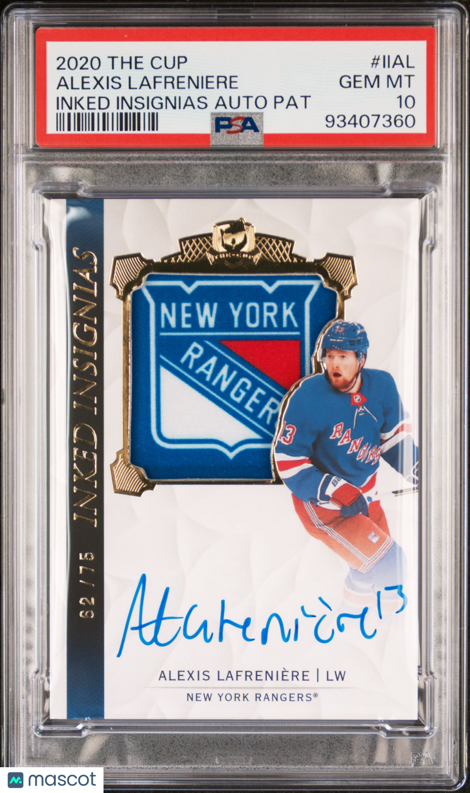 2020 UD The Cup Inked Insignias Autograph Patch Alexis Lafreniere PSA 10 62/75