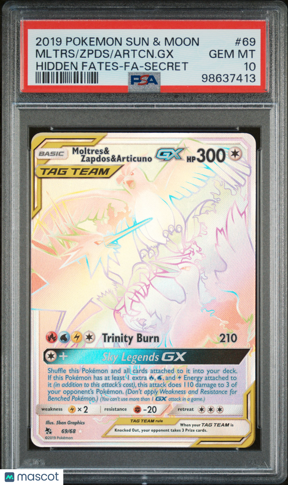 2019 Pokémon Sun & Moon Artcn/ Zapdos/ Moltress  GX Hidden Fates Secret PSA 10 