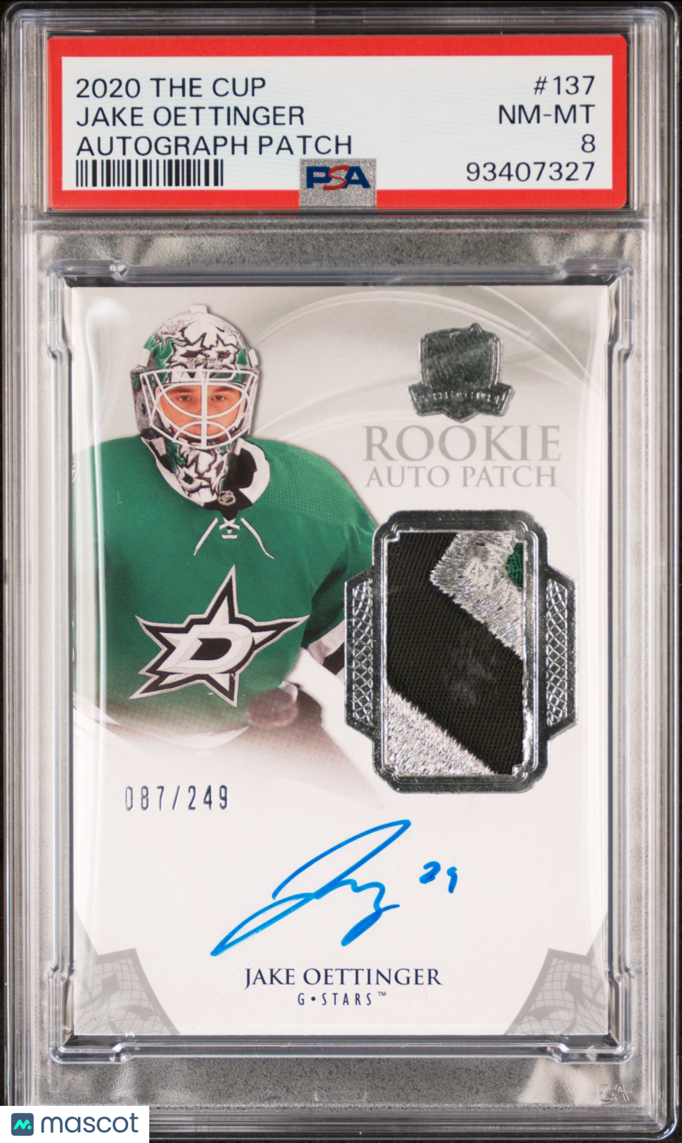 2020-2021 Upper Deck The Cup PSA 8 Jake Oettinger Rookie Patch Autograph 087/249