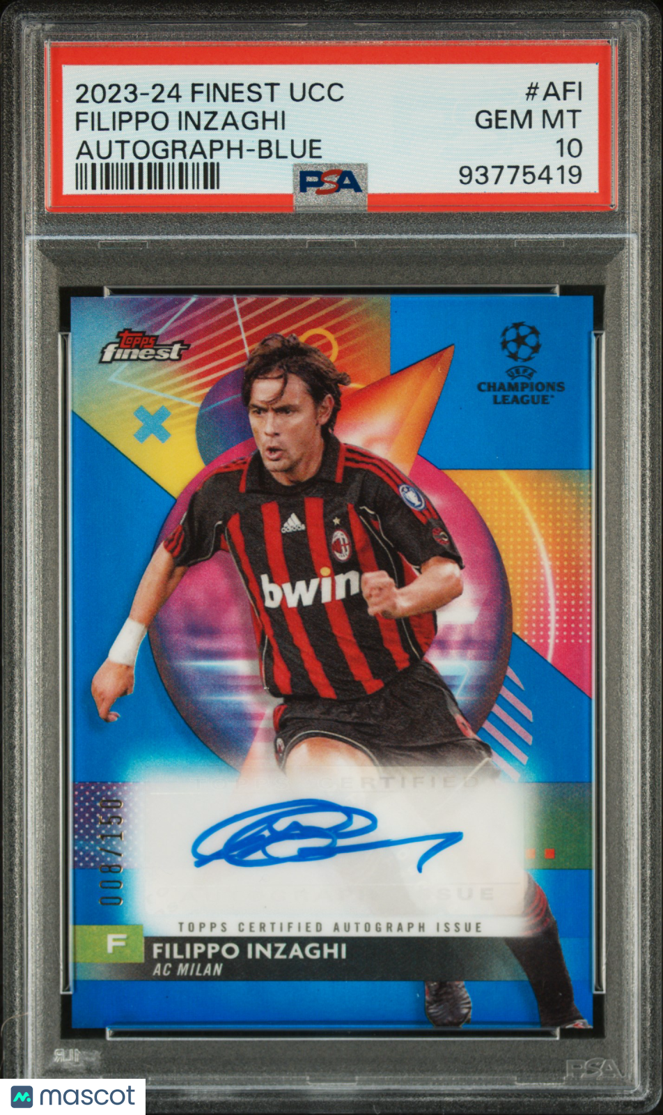 2023-24 Topps Finest UEFA CC PSA 10 Filippo Inzaghi Blue Auto 008/150 #A-FI 