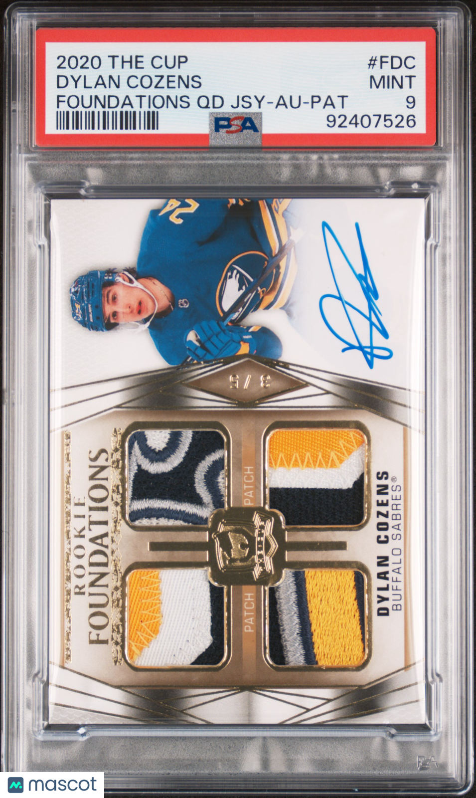 2020-21 UD The Cup Hockey Foundations Quad JSY Auto PSA 9 Dylan Cozens /5 #F-DC