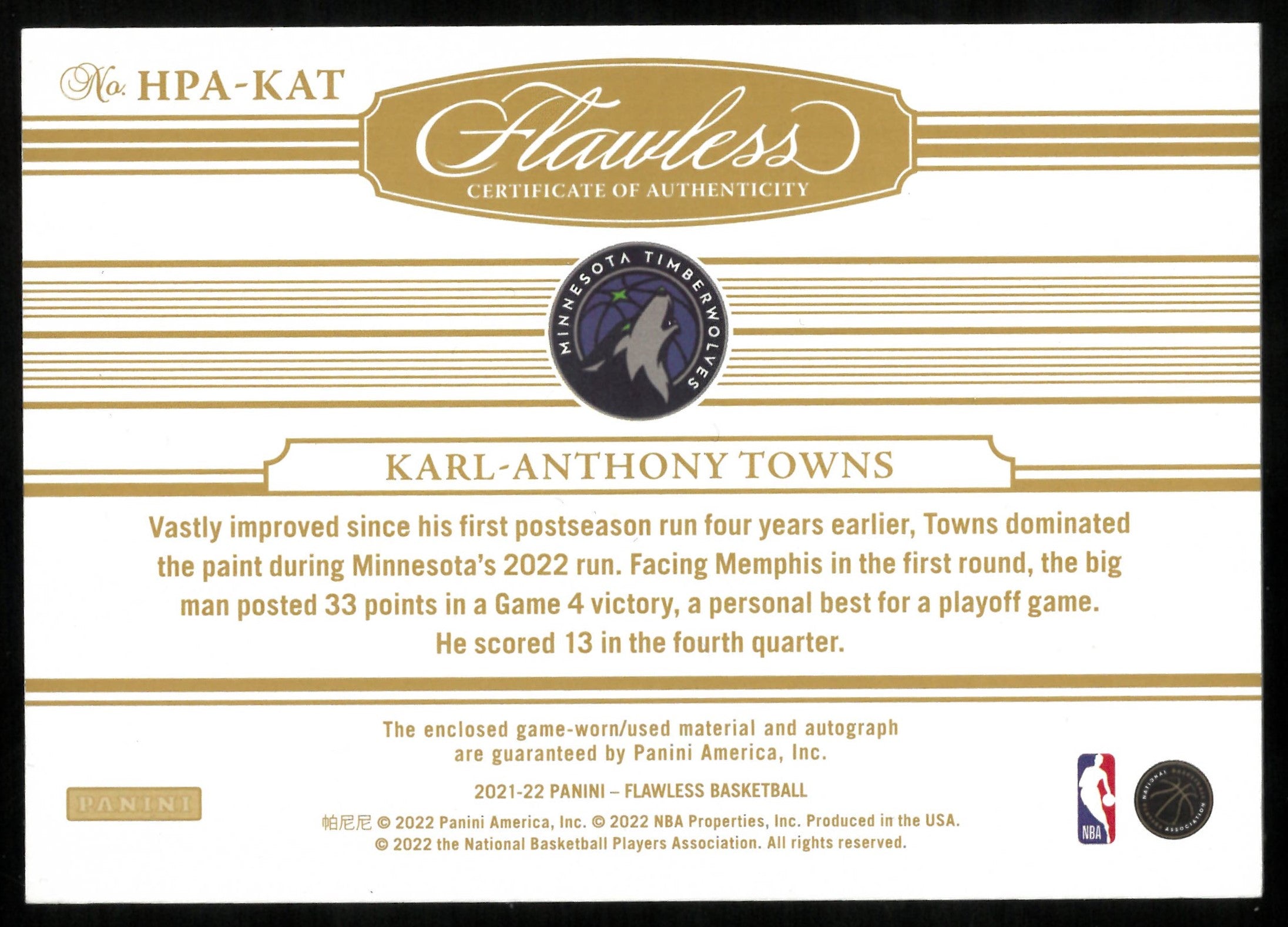 2021-22 Panini Flawless Karl Anthony Towns Jersey Patch Autograph 01/25 #HPA-KAT 